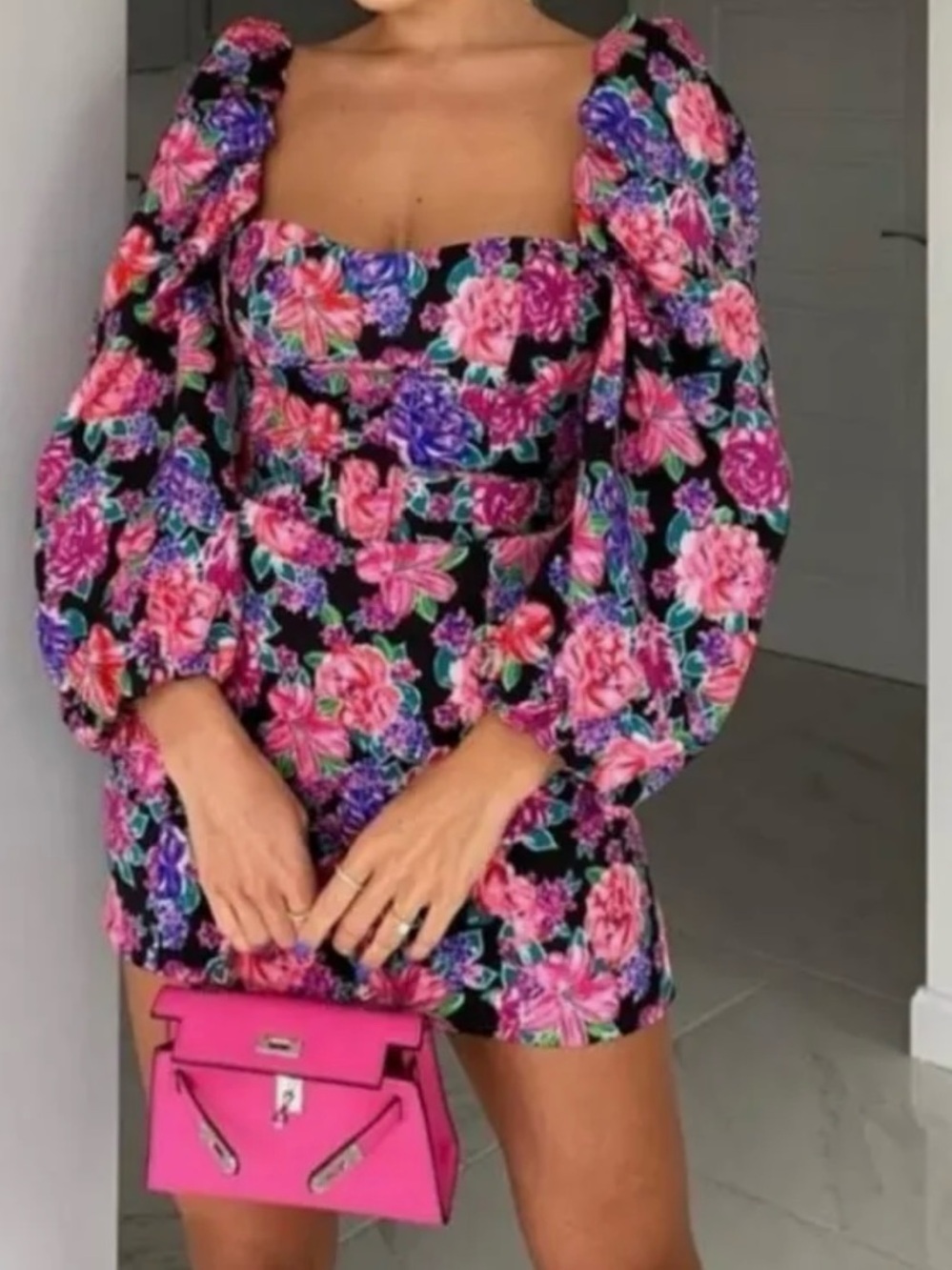 Zara Black Mini Dress with Pink and Purple Floral Print XS